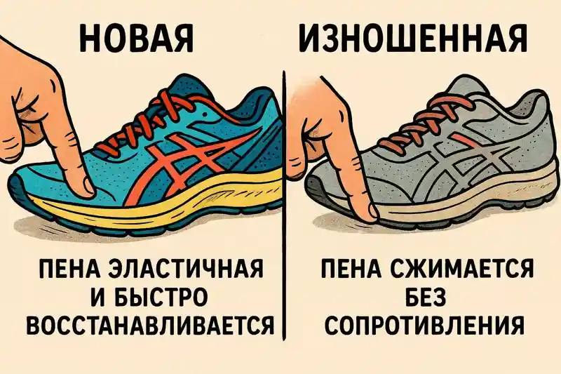 Проверка промежуточной подошвы беговых кроссовок потеря амортизации нажатие пальцем замена для бега по асфальту